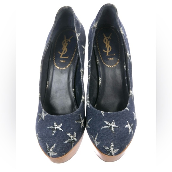 YSL YVES SAINT LAURENT Starfish Print Canvas Platform Wedge Size 9.5 US  EU 39.5 - Picture 2 of 13